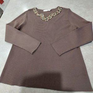 BETA'S CHOICE Women's Brown Heavily Beaded Neckline L/S Sweater - Size Medium